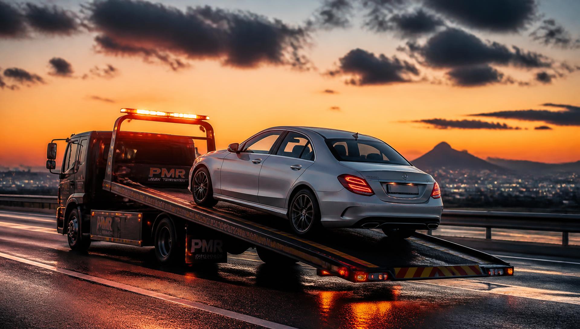 Galaxy Towing flatbed tow truck loading a luxury sedan on a South African highway at sunset